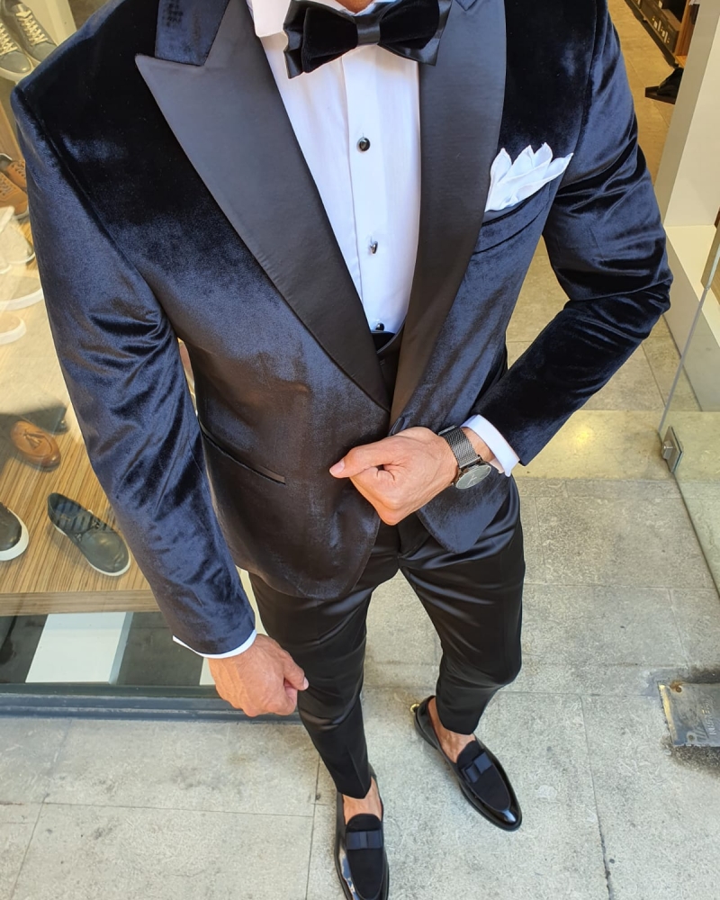 Black Slim Fit Peak Lapel Velvet Tuxedo for Men by GentWith.com with Free Worldwide Shipping