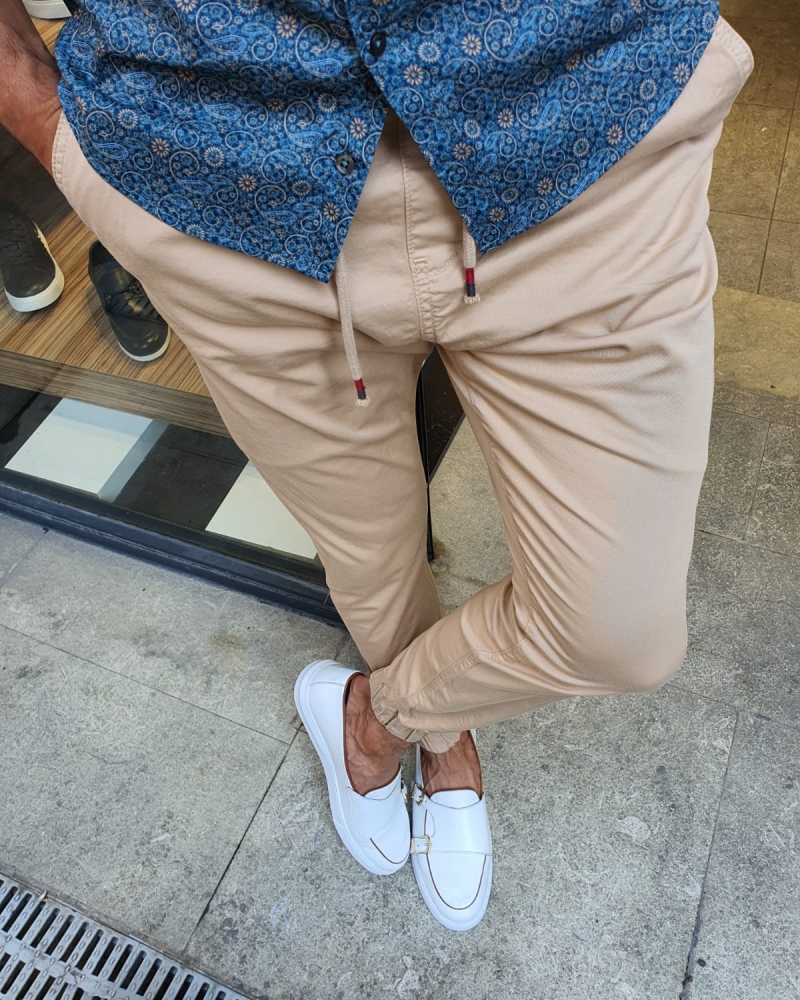 Beige Slim Fit Laces Pants for Men by GentWith.com with Free Worldwide Shipping