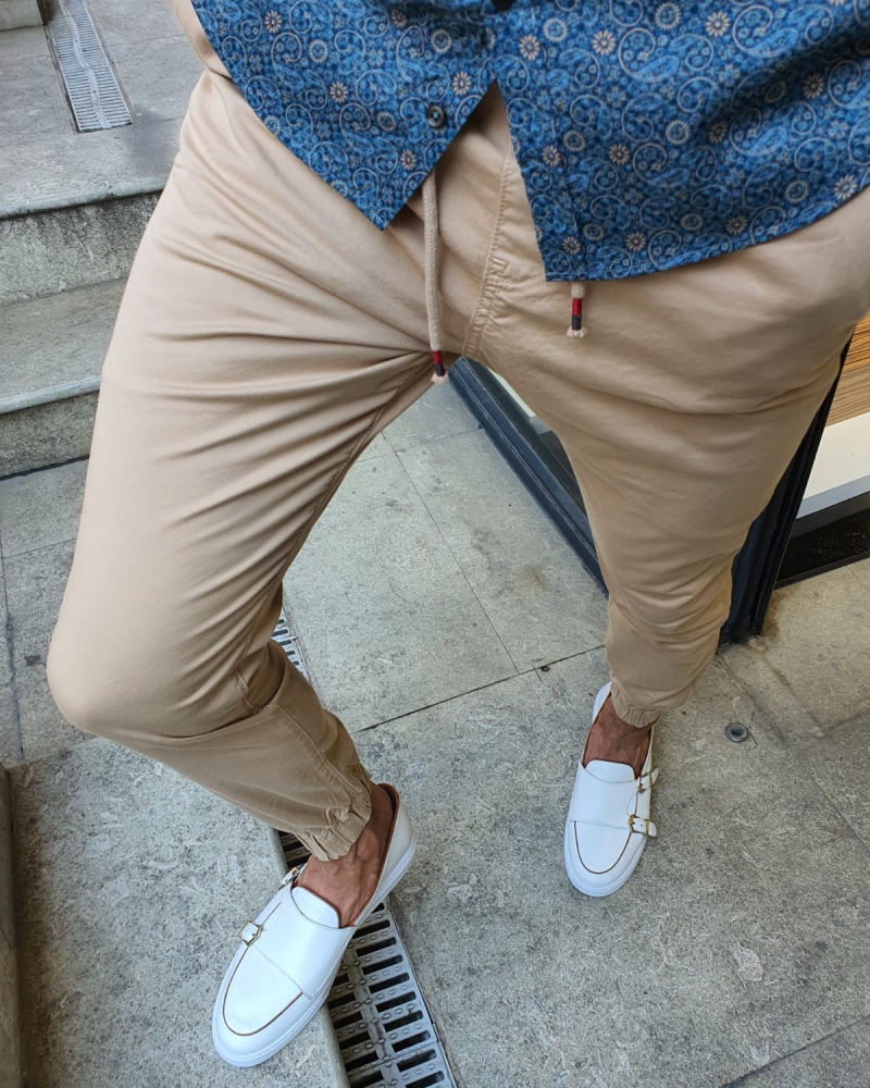 Beige Slim Fit Laces Pants for Men by GentWith.com with Free Worldwide Shipping