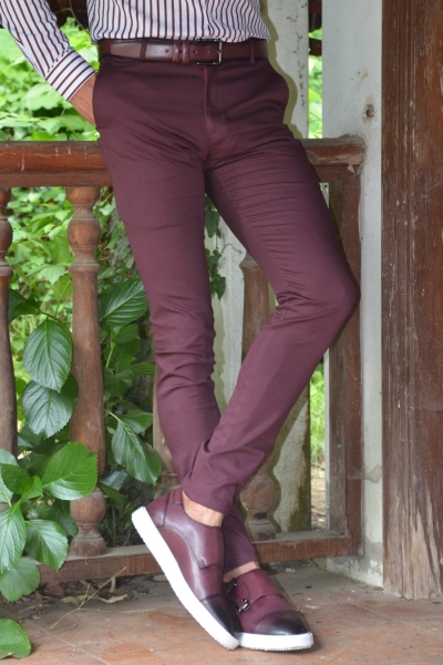 Burgundy Slim Fit Pants by GentWith.com with Free Worldwide Shipping