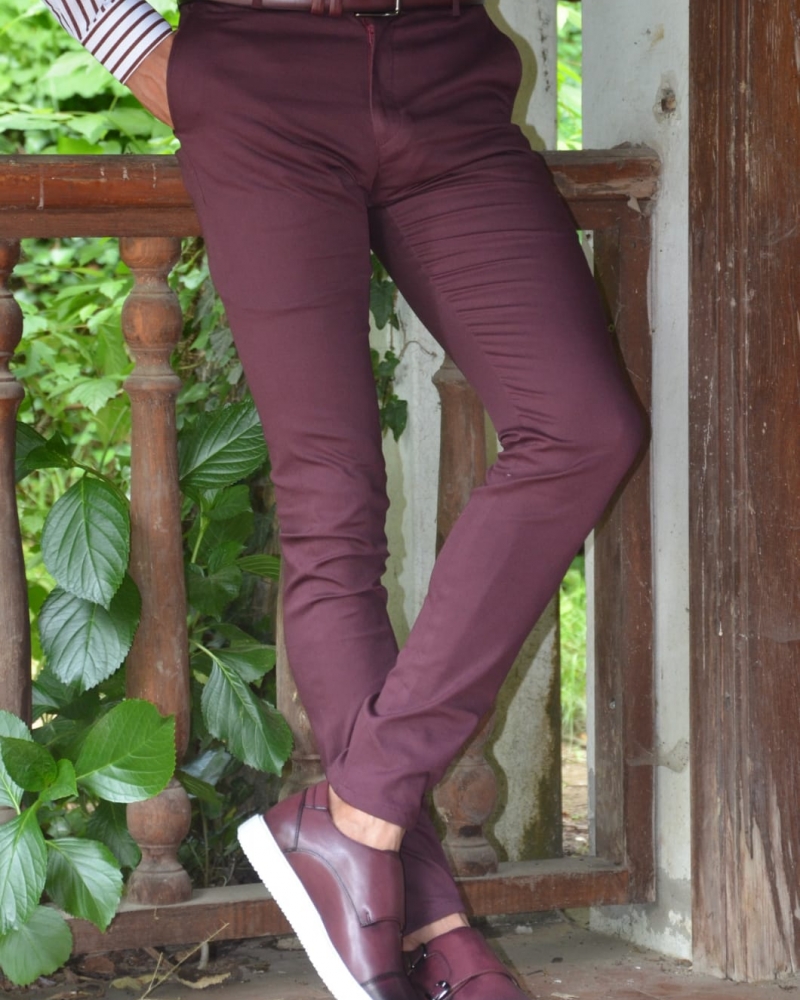 Burgundy Slim Fit Pants by GentWith.com with Free Worldwide Shipping