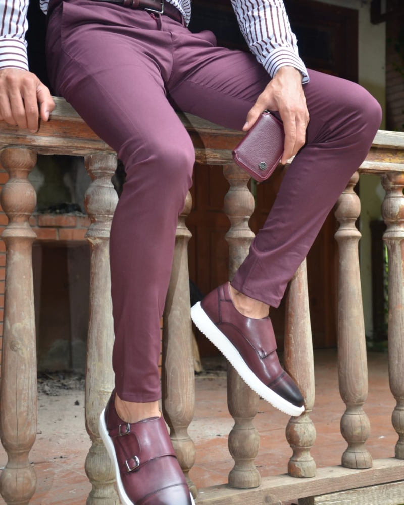 Burgundy Slim Fit Pants by GentWith.com with Free Worldwide Shipping