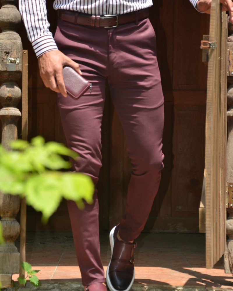 Burgundy Slim Fit Pants by GentWith.com with Free Worldwide Shipping