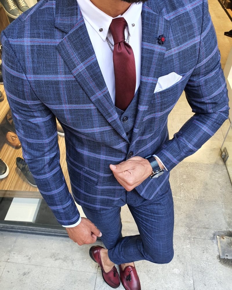 Indigo Slim Fit Check Plaid Suit by GentWith.com with Free Worldwide Shipping