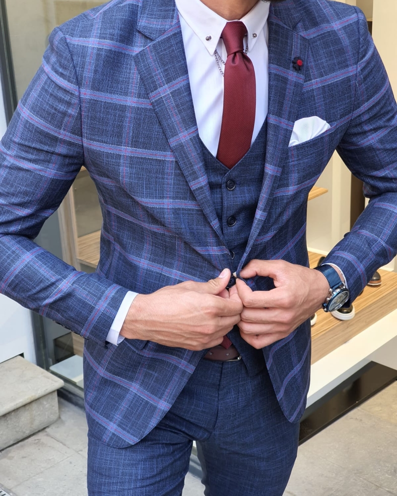 Indigo Slim Fit Check Plaid Suit by GentWith.com with Free Worldwide Shipping