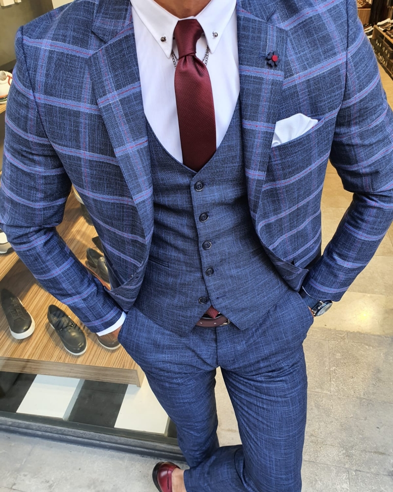 Indigo Slim Fit Check Plaid Suit by GentWith.com with Free Worldwide Shipping