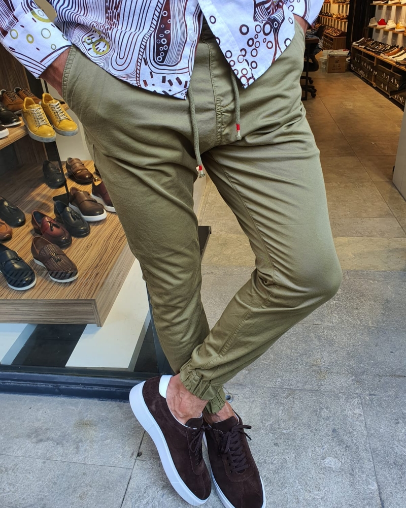 Khaki Slim Fit Laces Pants for Men by GentWith.com with Free Worldwide Shipping