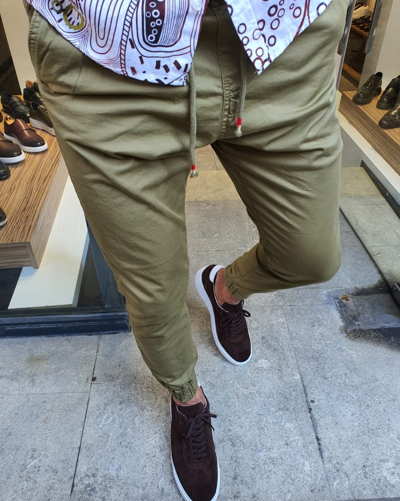 Khaki Slim Fit Laces Pants for Men by GentWith.com with Free Worldwide Shipping