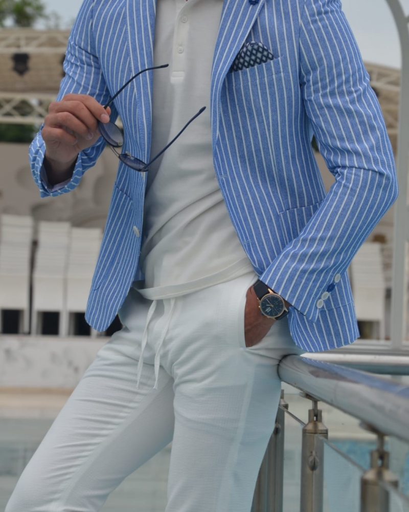 Blue Slim Fit Striped Blazer by GentWith.com with Free Worldwide Shipping