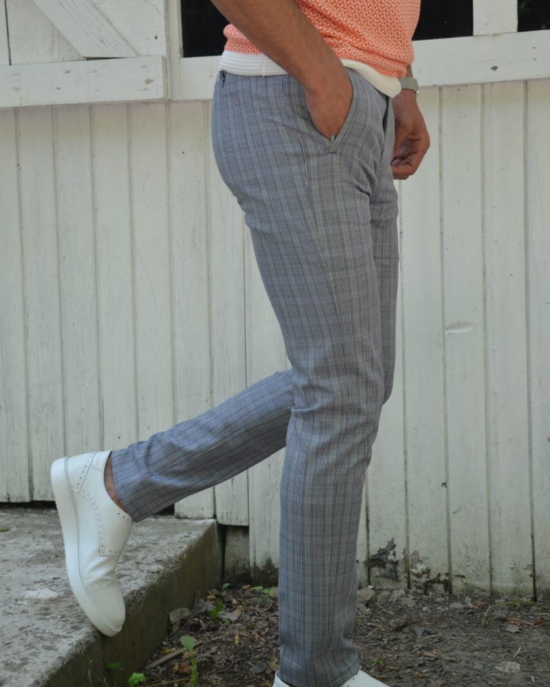 Gray Slim Fit Plaid Pants by GentWith.com with Free Worldwide Shipping