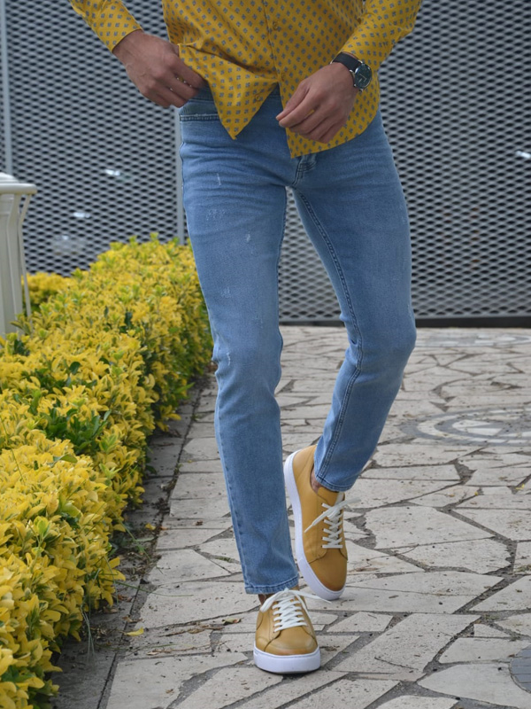 Blue Slim Fit Handmade Ripped Jeans by GentWith.com with Free Worldwide Shipping