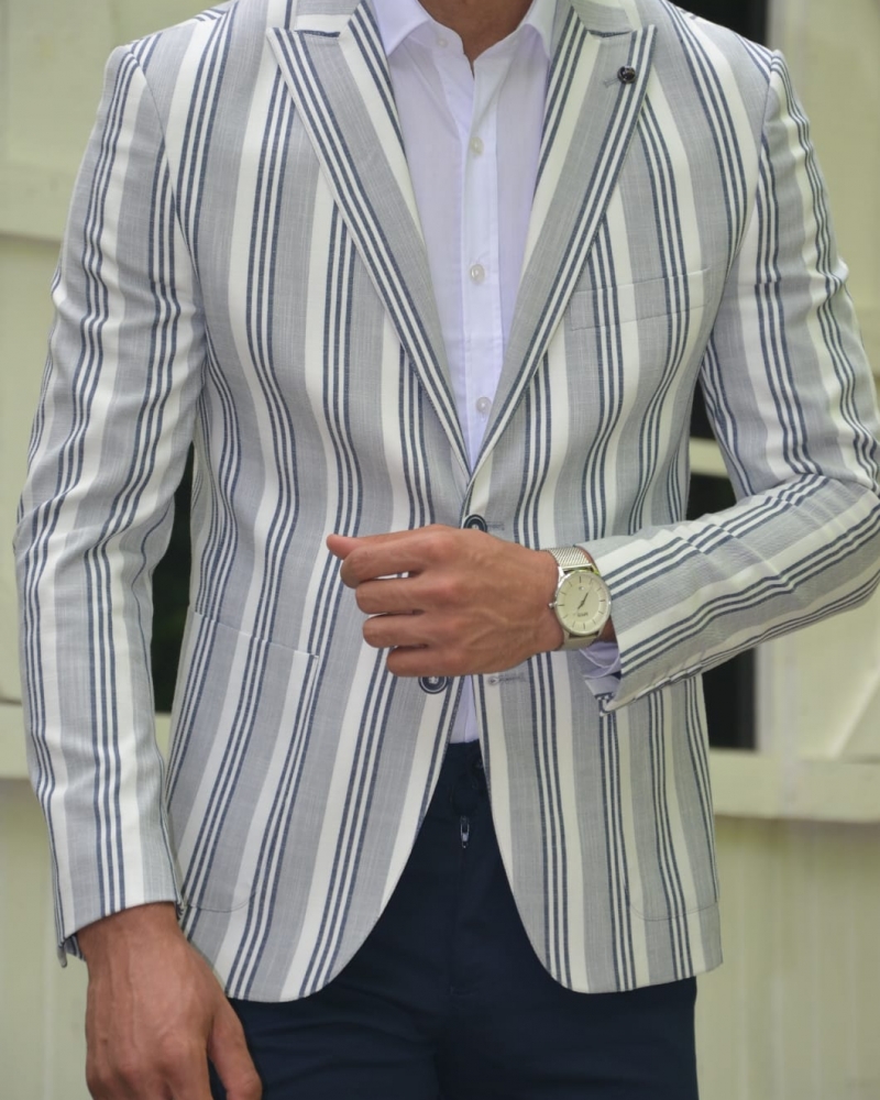 Gray Slim Fit Striped Blazer by GentWith.com with Free Worldwide Shipping