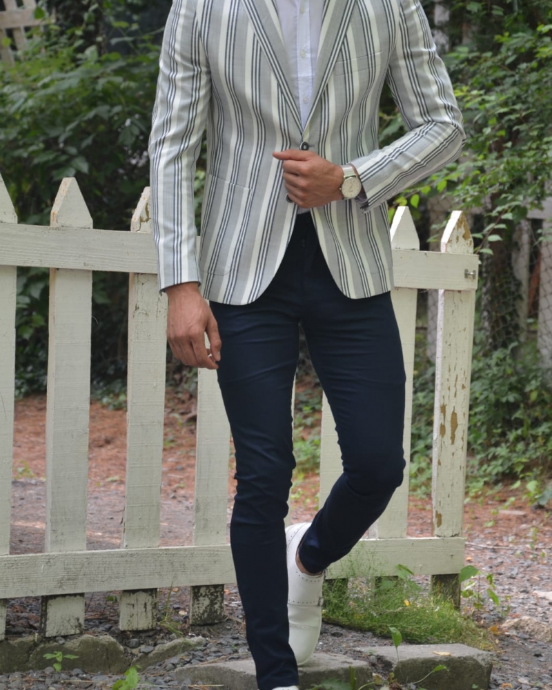 Gray Slim Fit Striped Blazer by GentWith.com with Free Worldwide Shipping