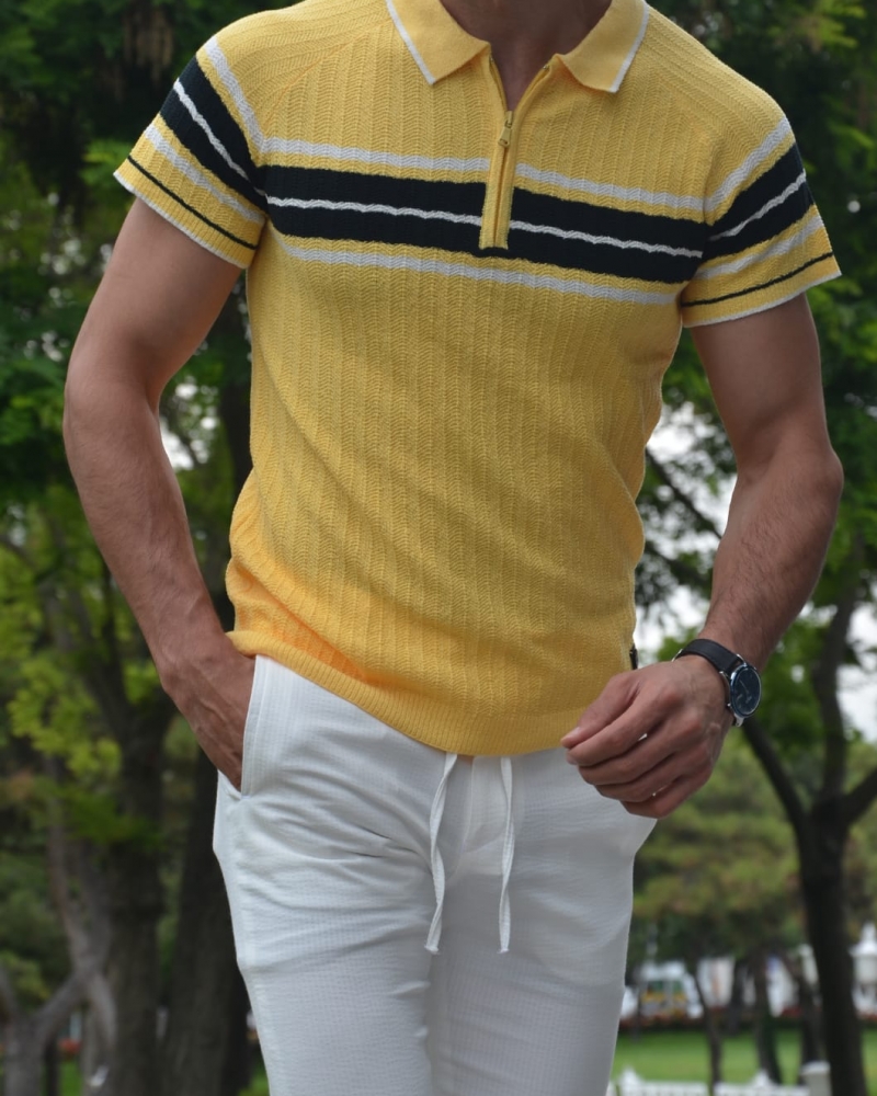 Yellow Slim Fit Collar Neck Zipper Knitwear T-Shirt by GentWith.com with Free Worldwide Shipping