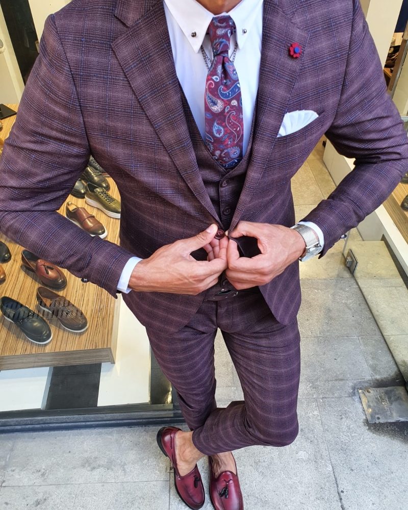 Buy Burgundy Slim Fit Plaid Suit by GentWith.com with Free Shipping