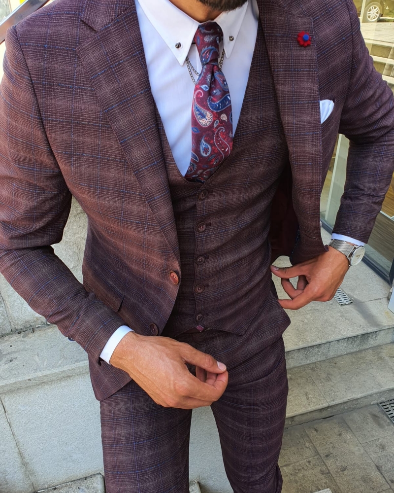 Burgundy Slim Fit Plaid Suit by GentWith.com with Free Worldwide Shipping