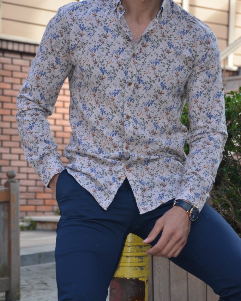 Beige Slim Fit Floral Shirt by GentWith.com with Free Worldwide Shipping