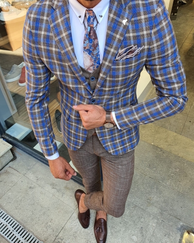 Camel Slim Fit Plaid Check Suit for Men by GentWith.com with Free Worldwide Shipping