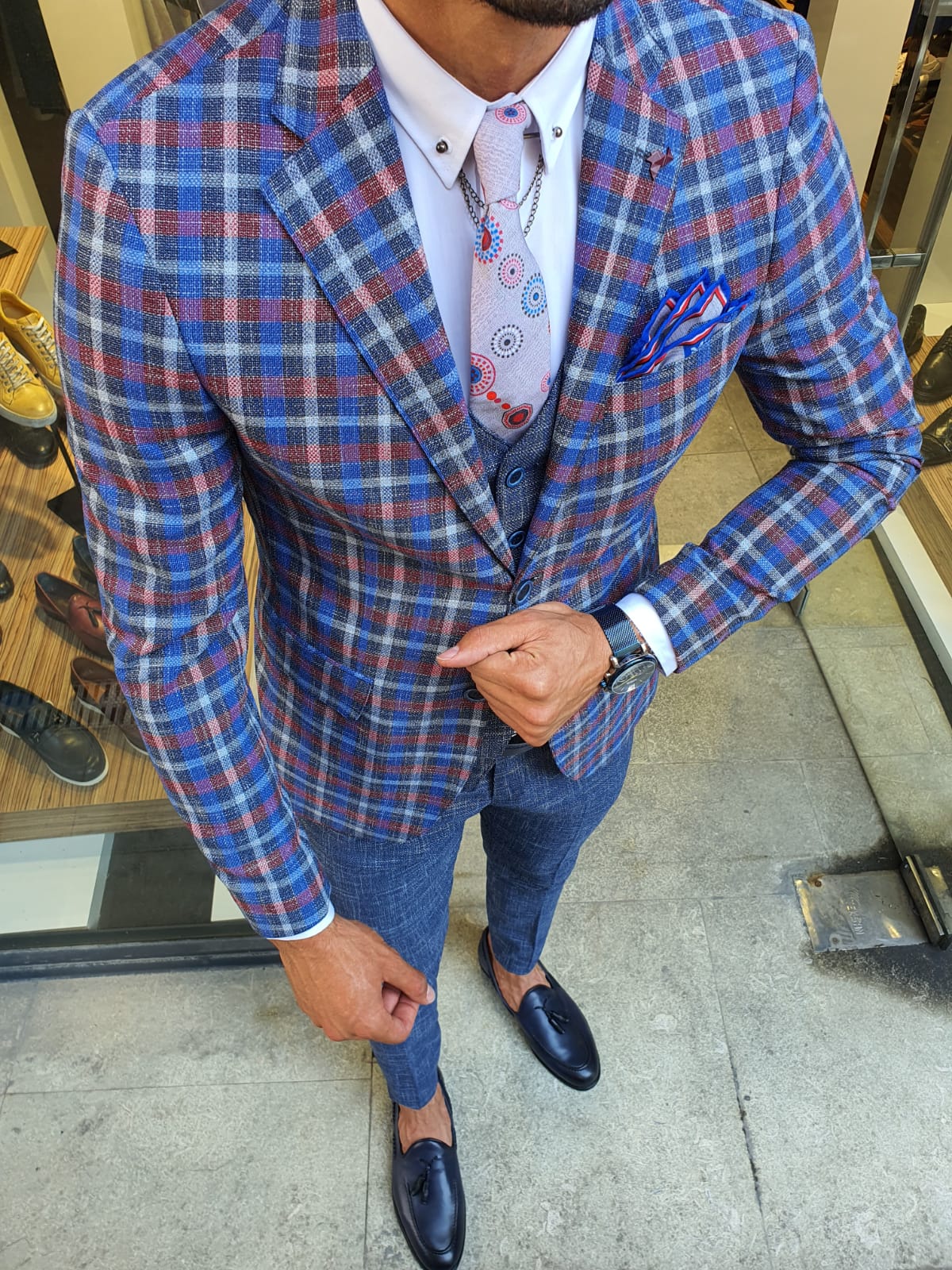 Buy Navy Blue Slim Fit Plaid Check Suit by GentWith with Free Shipping