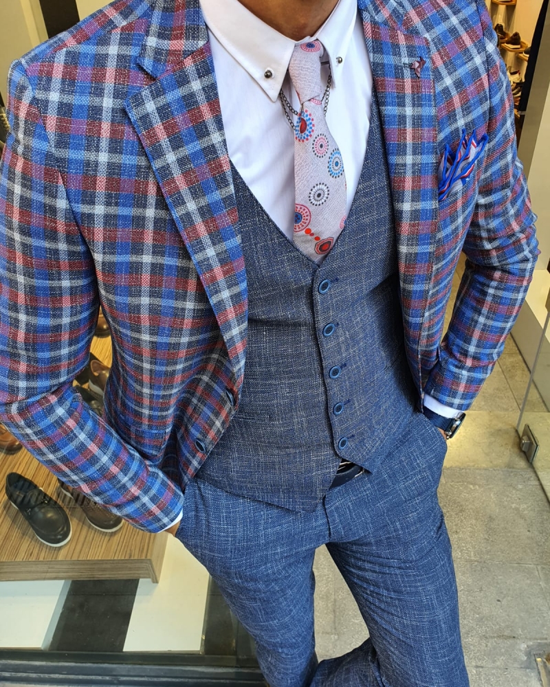 Navy Blue Slim Fit Plaid Check Suit for Men by GentWith.com with Free Worldwide Shipping