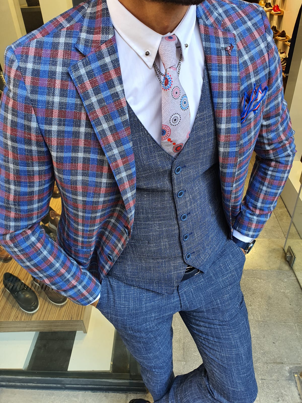 Buy Navy Blue Slim Fit Plaid Check Suit by GentWith with Free Shipping