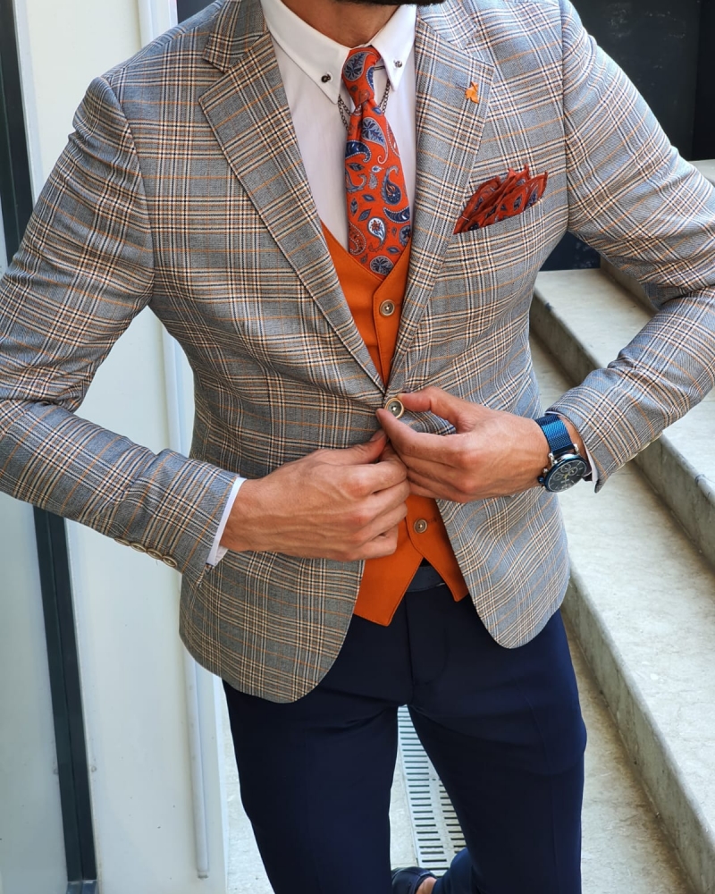Orange Slim Fit Plaid Suit for Men by GentWith.com with Free Worldwide Shipping