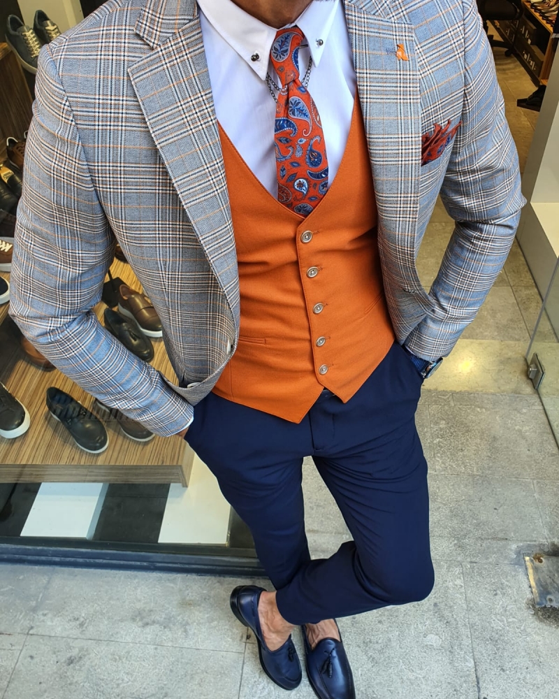 Orange Slim Fit Plaid Suit for Men by GentWith.com with Free Worldwide Shipping