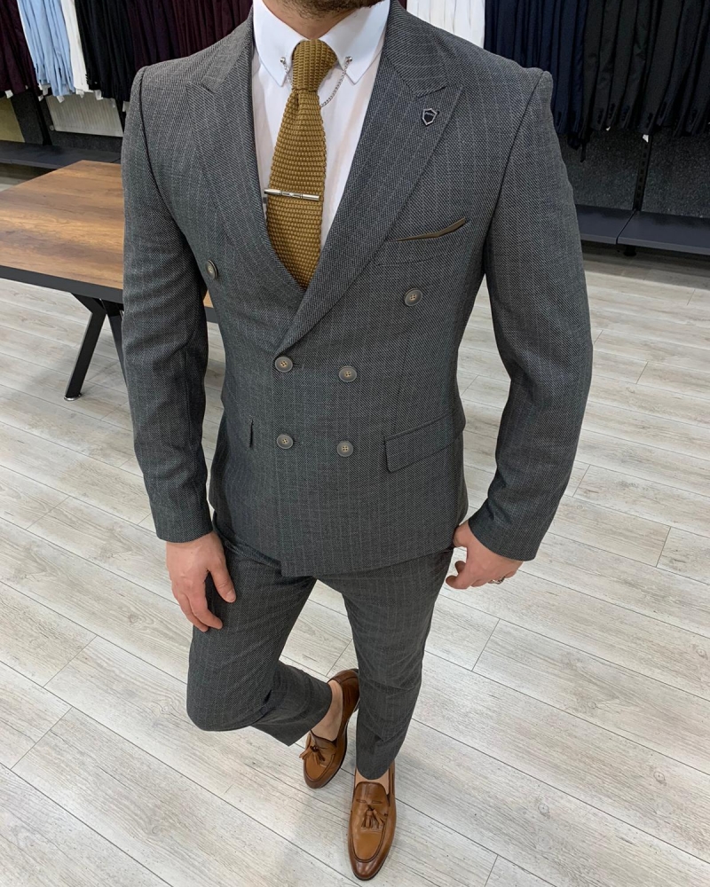 Gray Slim Fit Double Breasted Suit by GentWith.com with Free Worldwide Shipping