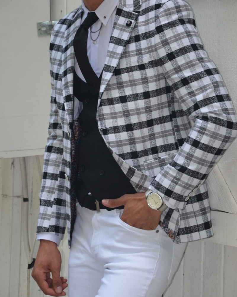 Gray Slim Fit Plaid Blazer by GentWith.com with Free Worldwide Shipping