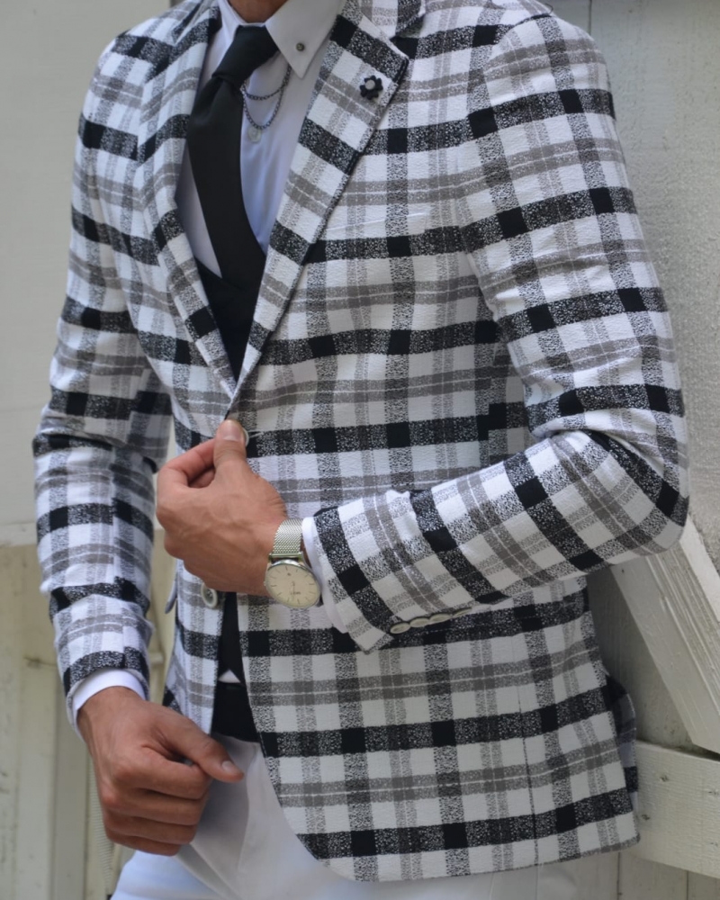 Gray Slim Fit Plaid Blazer by GentWith.com with Free Worldwide Shipping