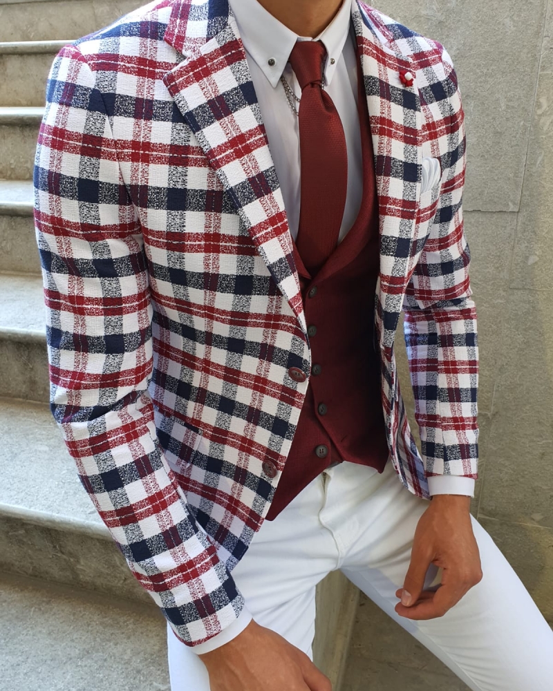 Red Slim Fit Plaid Blazer by GentWith.com with Free Worldwide Shipping