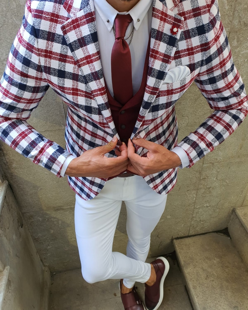 Red Slim Fit Plaid Blazer by GentWith.com with Free Worldwide Shipping