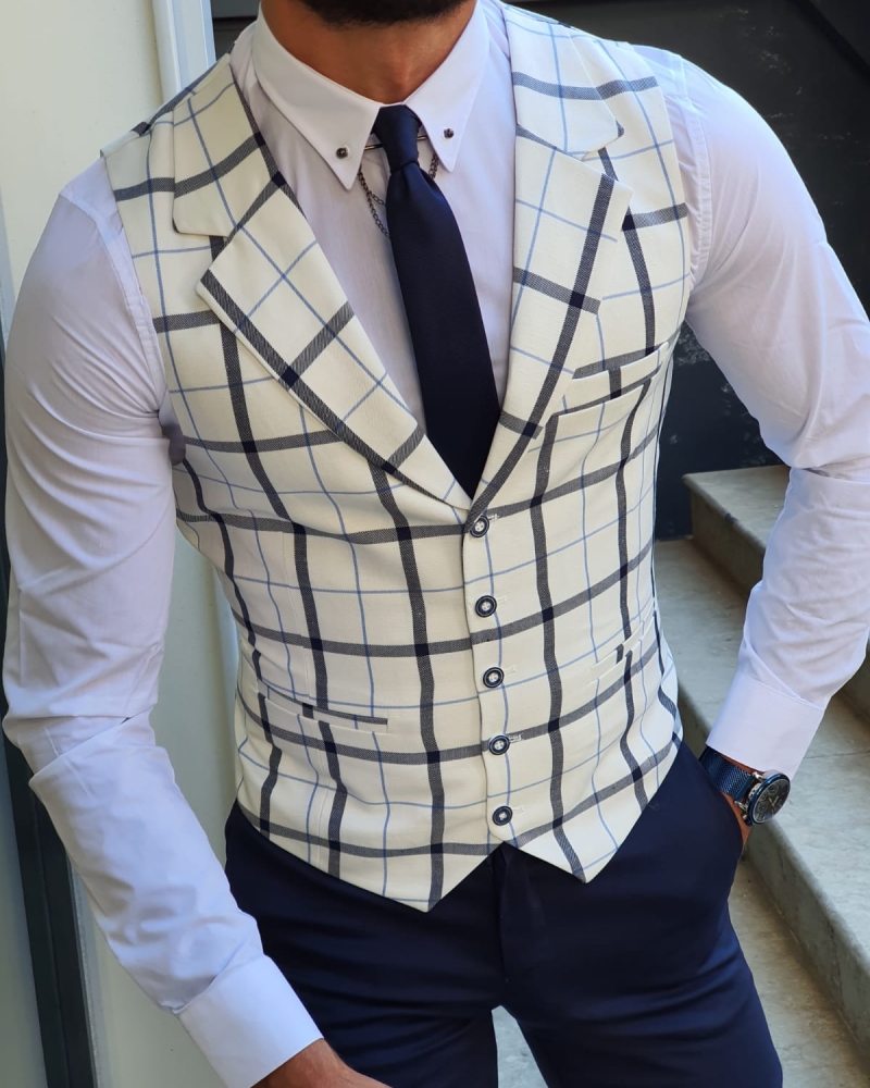 White Slim Fit Plaid Vest for Men by GentWith.com with Free Worldwide Shipping