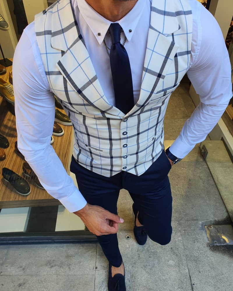 White Slim Fit Plaid Vest for Men by GentWith.com with Free Worldwide Shipping