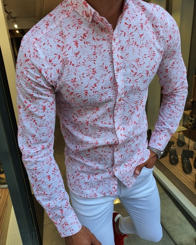 Red Slim Fit Floral Cotton Shirt for Men by GentWith.com with Free Worldwide Shipping