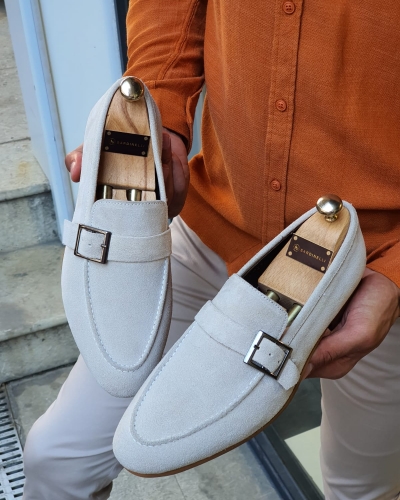 Beige Suede Buckle Loafers for Men by GentWith.com with Free Worldwide Shipping