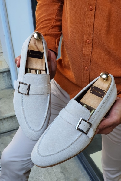 Beige Suede Buckle Loafers for Men by GentWith.com with Free Worldwide Shipping