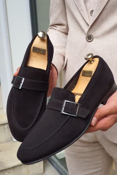 Black Suede Buckle Loafers for Men by GentWith.com with Free Worldwide Shipping