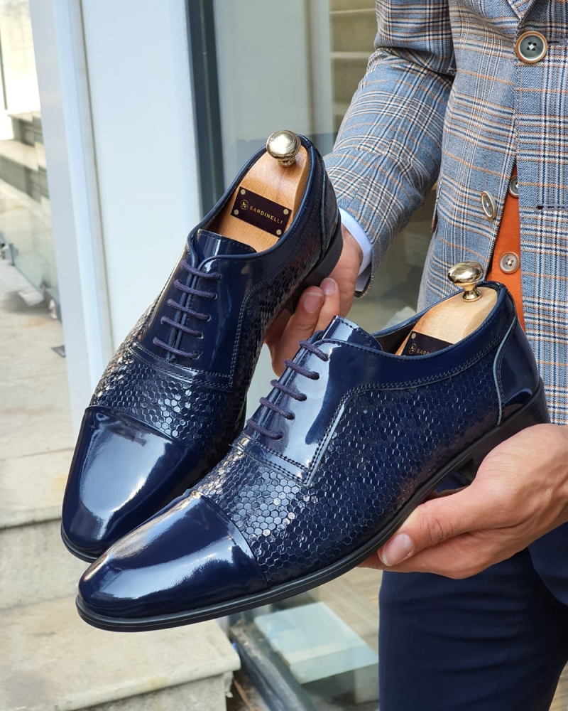 Navy Blue Wholecut Derbies for Men by GentWith.com with Free Worldwide Shipping