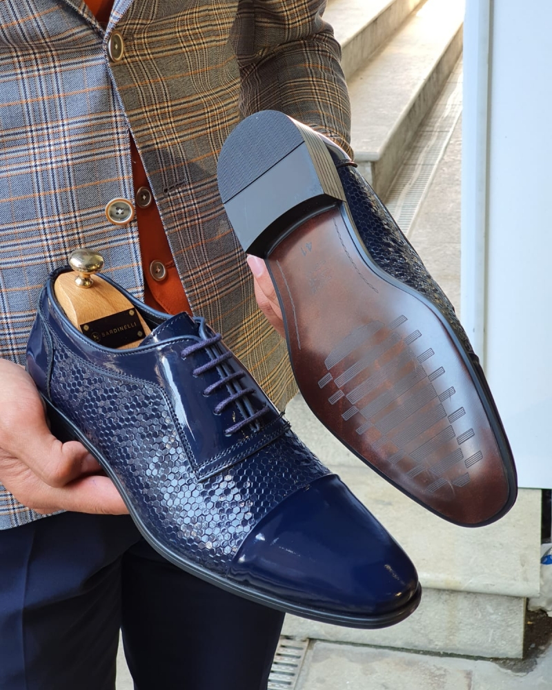 Navy Blue Wholecut Derbies for Men by GentWith.com with Free Worldwide Shipping