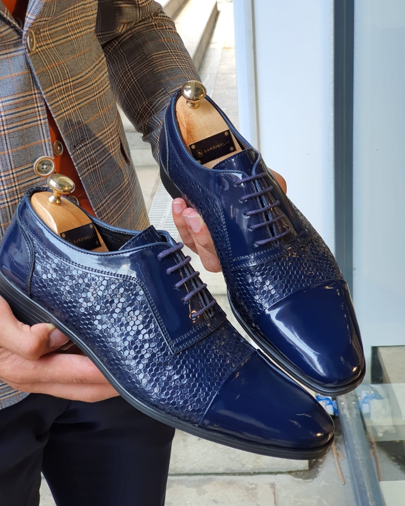 Navy Blue Wholecut Derbies for Men by GentWith.com with Free Worldwide Shipping