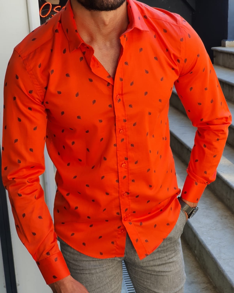 Orange Slim Fit Floral Shirt for Men by GentWith.com with Free Worldwide Shipping