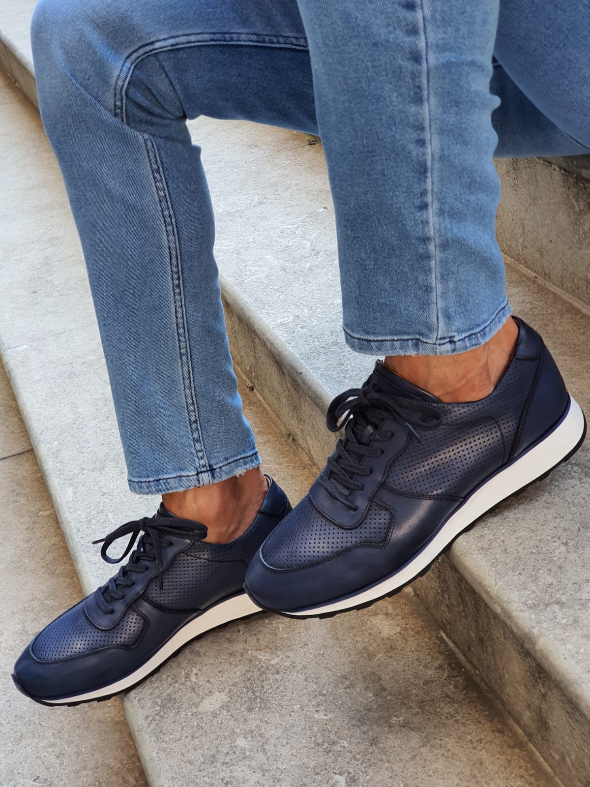 Buy Navy Blue Mid Top Sneakers by GentWith with Free Shipping