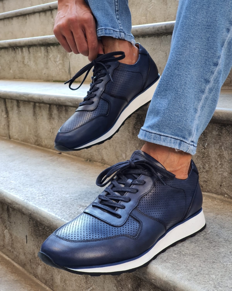 Navy Blue Mid-Top Sneakers for Men by GentWith.com with Free Worldwide Shipping