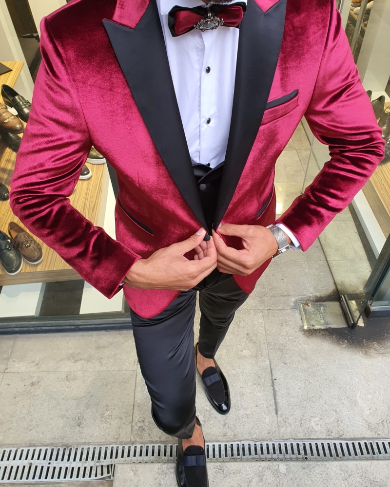 Red Slim Fit Peak Lapel Velvet Tuxedo by GentWith.com with Free Worldwide Shipping