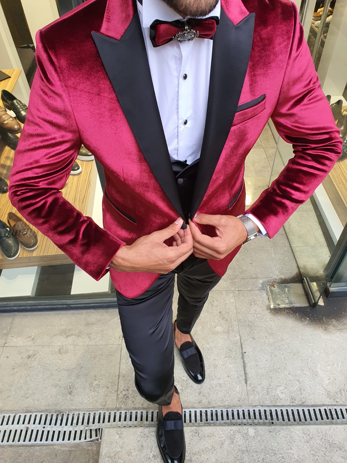 Buy Red Slim Fit Peak Lapel Velvet Tuxedo by GentWith | Free Shipping