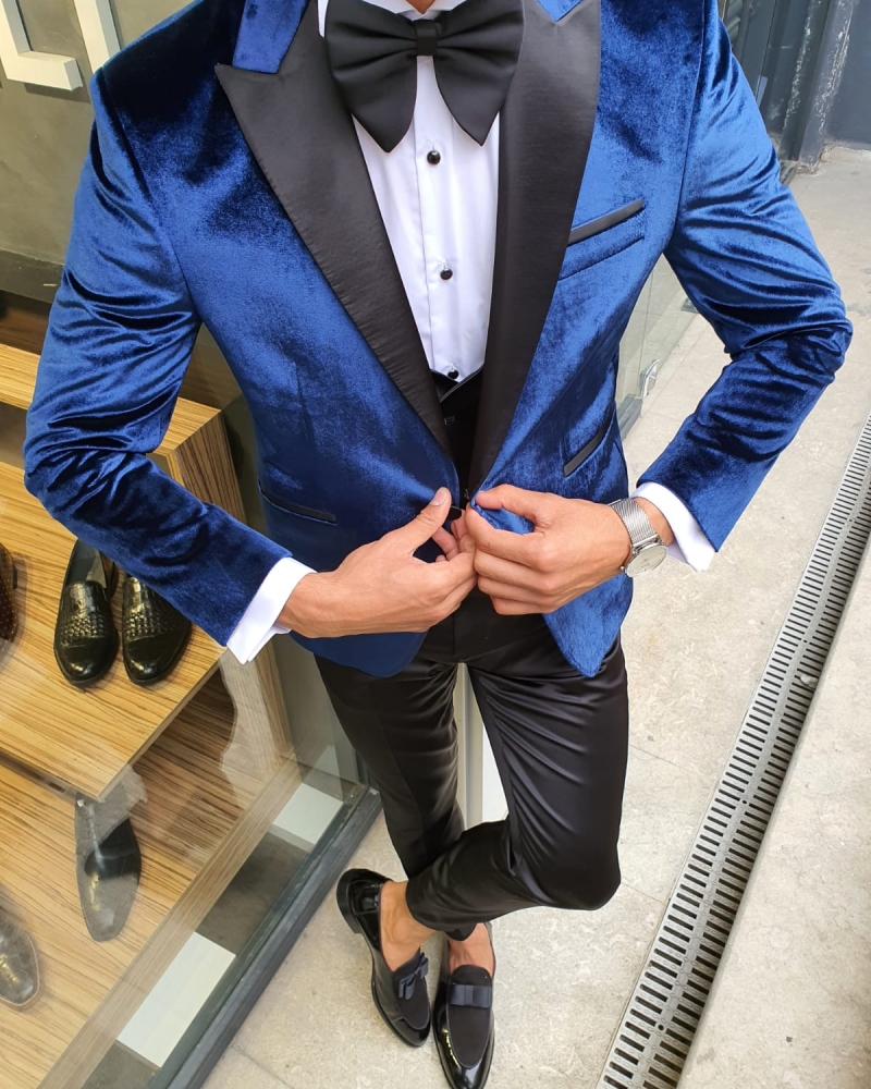 indigo Slim Fit Peak Lapel Velvet Tuxedo by GentWith.com with Free Worldwide Shipping