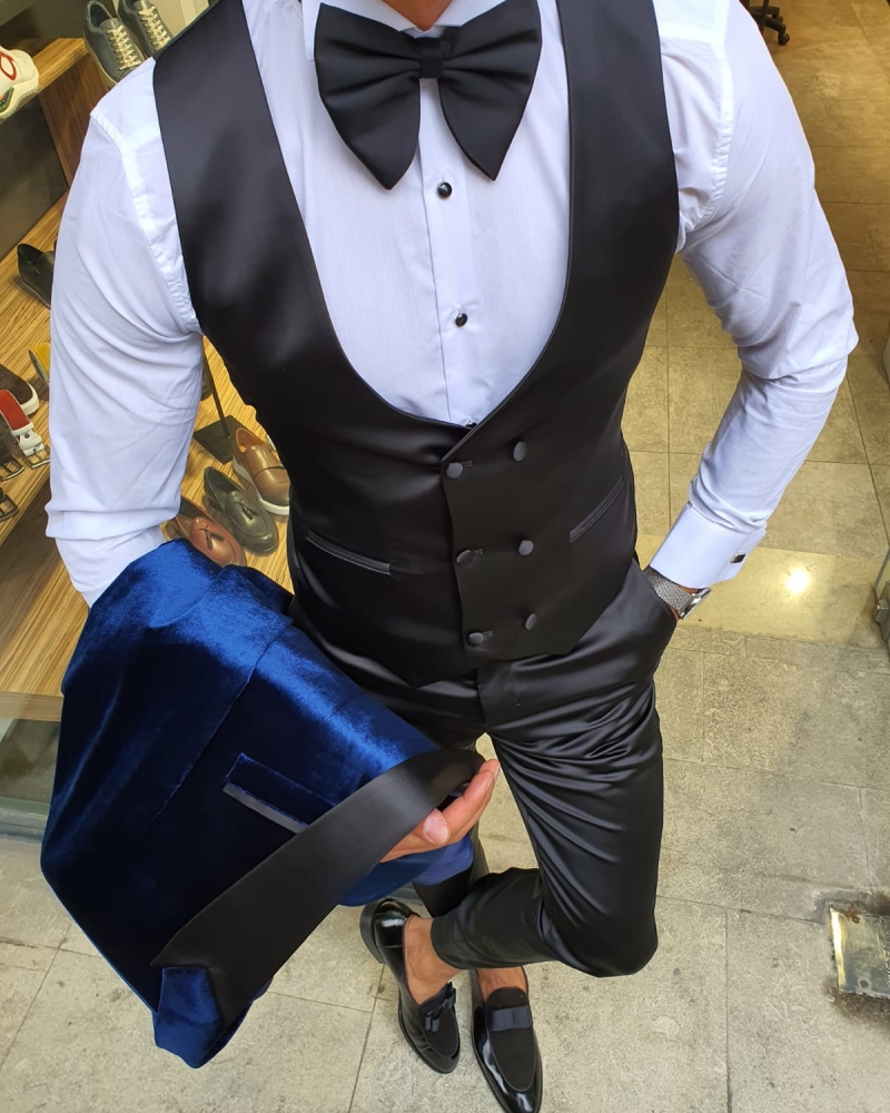 indigo Slim Fit Peak Lapel Velvet Tuxedo for Men by GentWith.com with Free Worldwide Shipping
