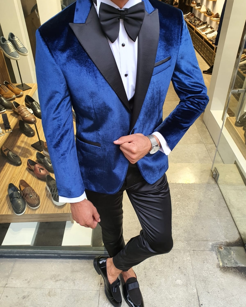 indigo Slim Fit Peak Lapel Velvet Tuxedo for Men by GentWith.com with Free Worldwide Shipping