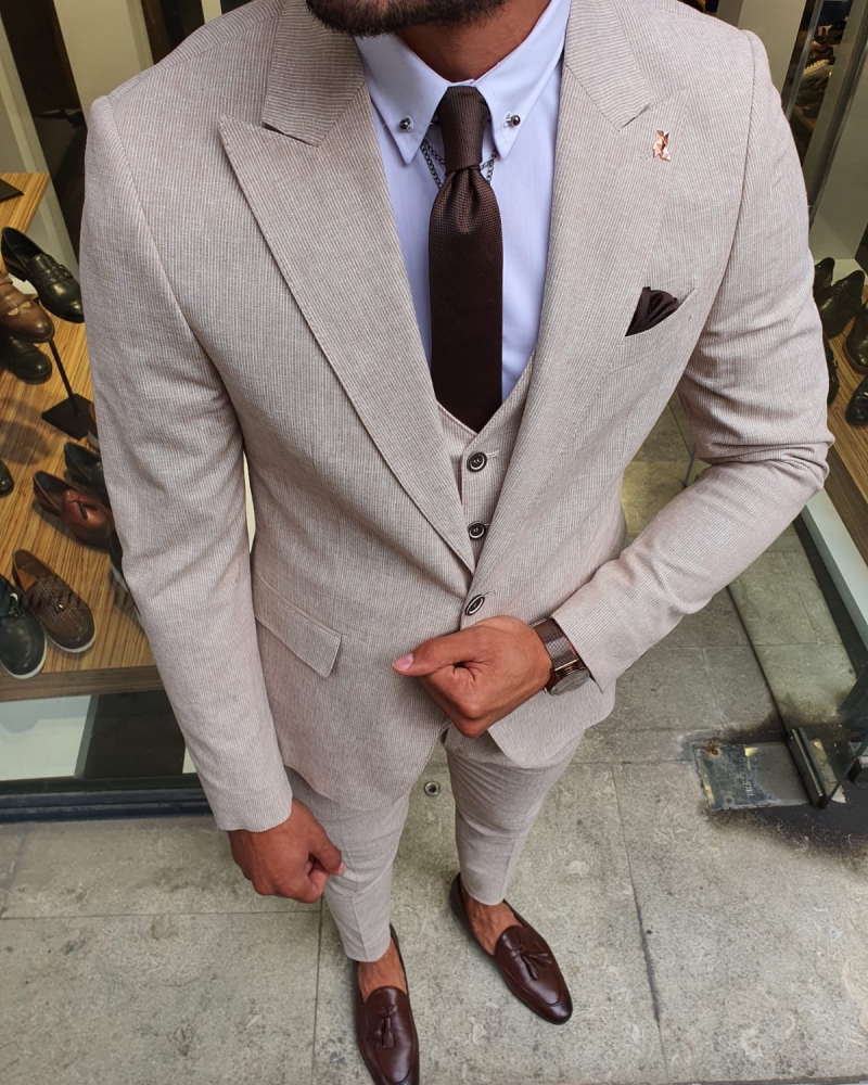 Beige Slim Fit Pinstripe Suit by GentWith.com with Free Worldwide Shipping